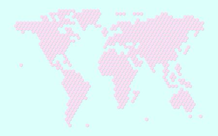 Pastel color of pink with blue background of World or earth map of region continent with honey bee or honeycomb or honey hive shape style With border shadow.の写真素材