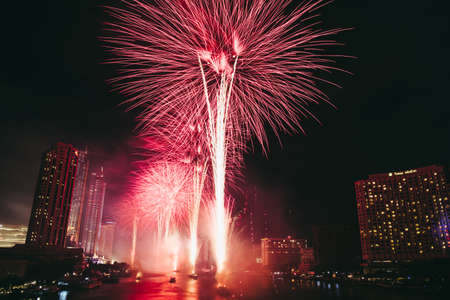 Bangkok, Thailand - 1 January 2020 : Landscape photo of firework for New Year 2020 celebration on Chao Phraya River at IconSiam or Icon Siam Department Store, Bangkok, Thailand.のeditorial素材