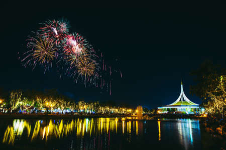 Bangkok, Thailand. - December 10, 2019 : Firework for happy new year at Ratchamangkhala Pavilion at public park name Suan Luang Rama IX Bangkok, Thailand.のeditorial素材