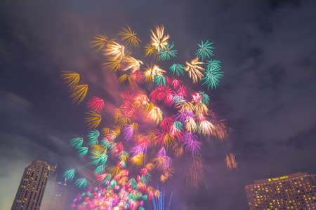 Bangkok, Thailand - 1 January 2020 : Landscape photo of firework for New Year 2020 celebration on Chao Phraya River at IconSiam or Icon Siam Department Store, Bangkok, Thailand.のeditorial素材