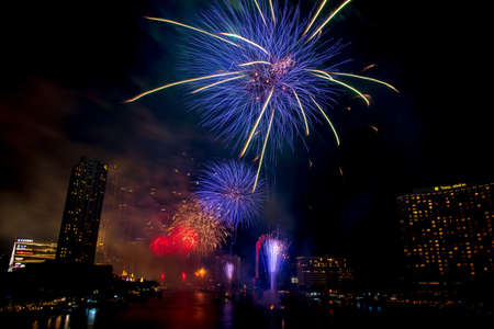 Bangkok, Thailand - 1 January 2020 : Landscape photo of firework for New Year 2020 celebration on Chao Phraya River at IconSiam or Icon Siam Department Store, Bangkok, Thailand.のeditorial素材