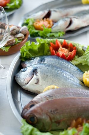 some fresh fish and seafood ready to cookの写真素材