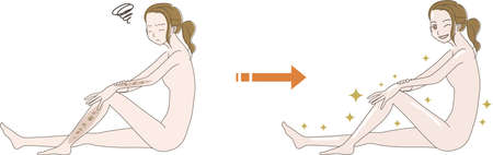 Illustration before after of the woman who is worried about the stainのイラスト素材