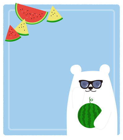 Summer image background of white bear and watermelon with sunglassesのイラスト素材