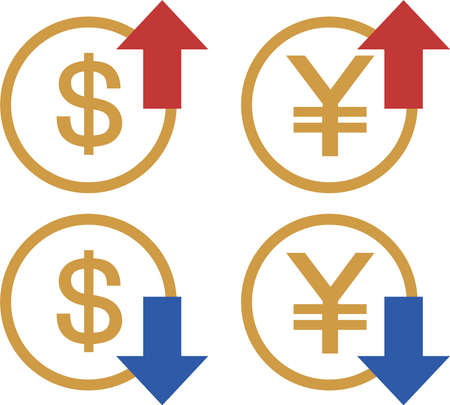 Yen and dollar quotes Arrows and money representing up-and-down price movementsのイラスト素材