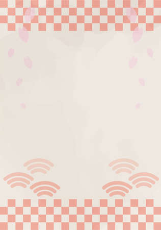 Checkered frame with cherry blossom petals and blue sea waves background illustrationのイラスト素材