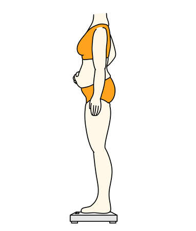 Illustration of a woman on the scale and worried about her stomachのイラスト素材