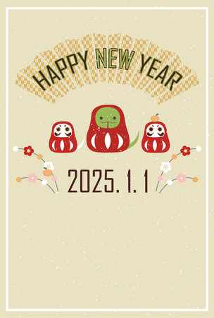 New Year's card postcard material with illustration of the Year of the Snake 2025 Japanese styleの素材 [FY310200098470]