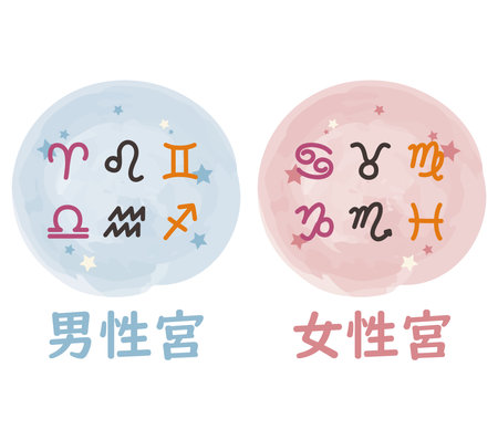 Illustration of a hand-drawn symbol mark representing the volatility of the 12 zodiacal constellations divided into two elementsのイラスト素材