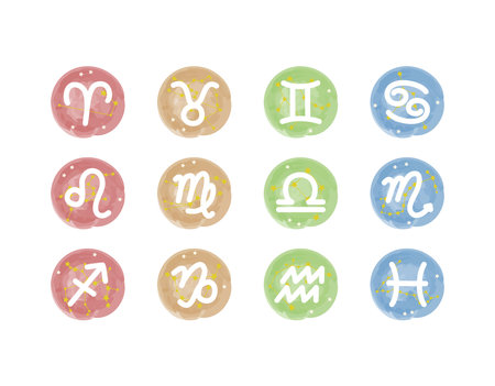 Illustration with hand-drawn symbols representing the four elements of the 12 zodiacal constellationsのイラスト素材
