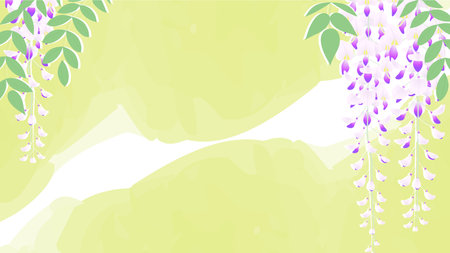 Watercolor style background frame illustration with wisteria flower clusters hanging downのイラスト素材