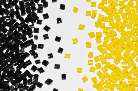 black and yellow polymer resin together on white background