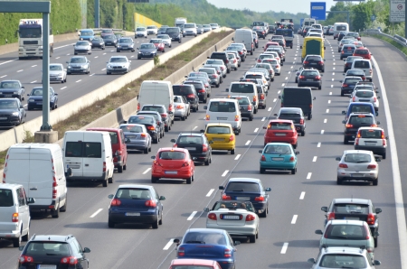 Traffic jam on german highway Current discussion about toll collect for foreign cars due to the claim of bavarias prime minister Horst Seehofer Traffic jam on german highway Current discussion about toll collect for foreign cars due to the claim of bavarias prime minister Horst Seehofer