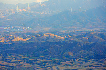 Lanxian Bailongshan Mount and China loess plateau landscape, foggy autumn morning