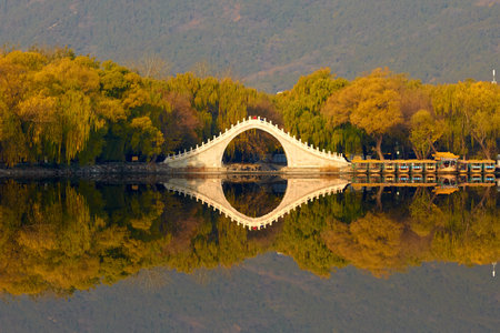 Yudai Bridge in Beijing Summer Palace autumn, Chinaの写真素材