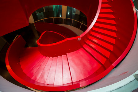 Red cool spiral staircase top view.