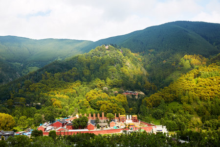 China Shanxi Wutai Mountain Scenic Area high-angle panoramic viewの写真素材