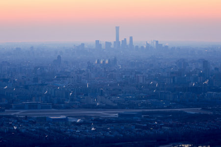China Zun landmark building and city sunrise scenery in Beijing, Chinaの写真素材