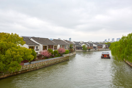 Beijing-Hangzhou Grand Canal and Jiangnan residential scenery in Suzhou, Chinaの写真素材