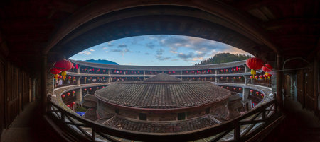 Interior view of Yongding Tulou Prince Zhencheng Lou Hakka Tulou in Fujian, Chinaの写真素材