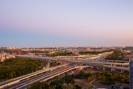 Twilight view of Xinzhuang city overpass, Beijing, Chinaの写真素材