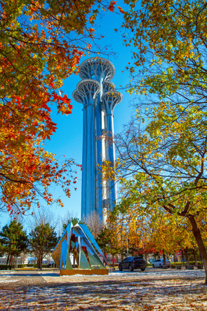 Beijing Olympic Tower and colorful forest autumn sunny scenery, China