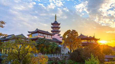 Jiming Temple ancient architecture autumn scenery at sunset in Nanjing, Chinaの写真素材