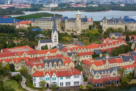 campus European town architectural complex aerial view at Songshan Lake in Dongguan, Guangdong, Chinaの写真素材