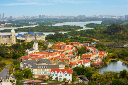 European town architectural complex aerial view at Songshan Lake in Dongguan, Guangdong, Chinaの写真素材