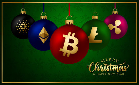 Crypto currency Christmas Balls Set Collection - Bitcoin Ethereum coin symbol Bauble banner greeting card - New Yearのイラスト素材
