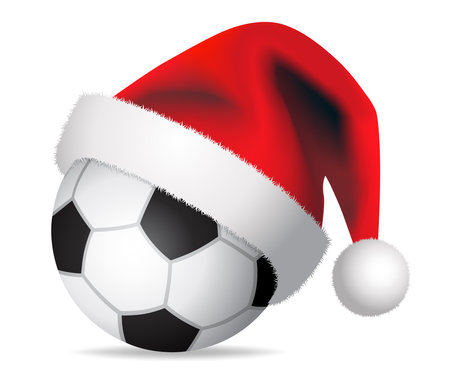 Soccer ball and Santa Claus hat. Merry christmas Card - vector design illustration on white Backgroundのイラスト素材