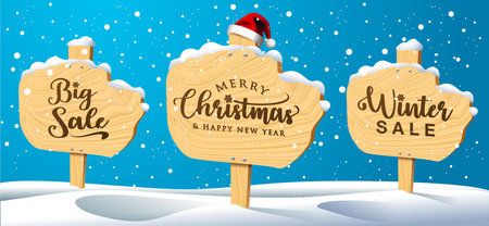 Christmas Wooden signboards and snow - Big Sale - Merry Christmas - Winter sale text on wood board banner - Blue Background, vector illustrationのイラスト素材
