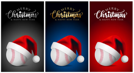 Christmas Baseball ball and Santa Claus Hat - Merry christmas Sports Greeting Card - vector design illustration - Set of Blue Red Black Backgroundのイラスト素材