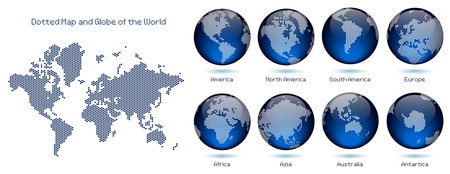 Digital Network - Blue Dotted Map and Globe of the World - Continents - America Europe Asia Africa Australia - Vector eps design illustrationのイラスト素材
