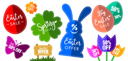 Big Easter SALE stickers offers collection with Spring seasonal elements, bunny, eggs price tag special 50 30 offのイラスト素材