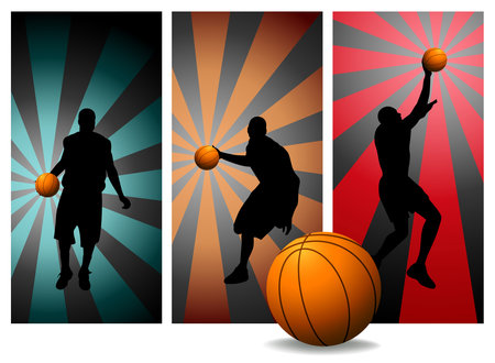 Vector Basketball Players Silhouettes set 3. Basketball players in action. Retro Background Cards with Ball (Check out my portfolio for other silhouettes)のイラスト素材