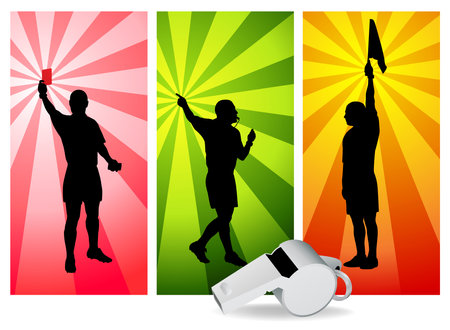 Soccer referee silhouettes - showing the red card, offside, goal, var, vector sport illustration on Retro background with whistleのイラスト素材