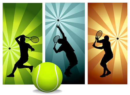 Tennis Player Silhouettes Set 2 - Vector. Mens players with balls on Retro Backgrounds. Easy change colors. (Check out my portfolio for other silhouettes).のイラスト素材