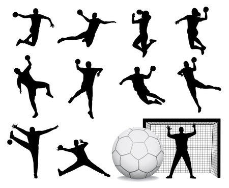 Handball players silhouette men and women - attack shut in jumping, goalkeepers, balls and Goal vector illustrationのイラスト素材