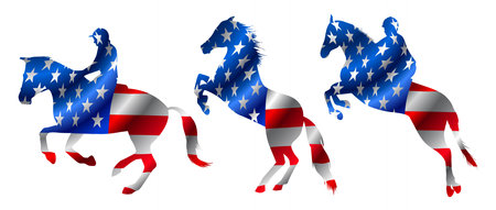 Horse silhouette with American flag, USA Hippodrome racing, gallop - vector illustration isolated on whiteのイラスト素材