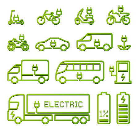 electric vehicles vector icons set: bike, scooter, car, motorbikes, bus, truck, van, charge station, plug, eco power, transport, green energyのイラスト素材