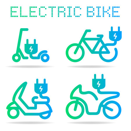 electric bike vector icons set : bike, scooter, motorbikes, vespa, plug, eco power, transport, isolatedのイラスト素材