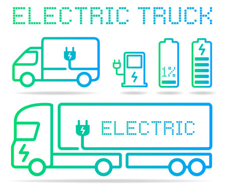 electric truck vector icons set truck, van, charge station, plug, eco power, transport, logistics, green energyのイラスト素材