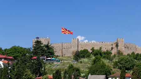 Samuel's Fortress in Ohrid with Macedonian flag wavingの写真素材