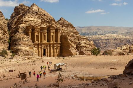 Beautiful view on The Monastery (El Deir) and surroundings. One of the most beautiful facades in Petra, Jordanの写真素材