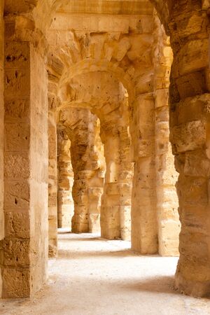 Hallways of El Jem, with is the third largest amphitheater of the Roman empire in Tunisiaの写真素材