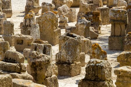 Grave stones on the yard. The cemeteries are believed to have been used by Carthaginians to ritual sacrificed their own youngの写真素材