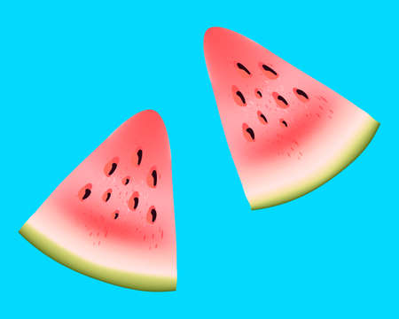 Bright vector image of two colorful slices of watermelon juice. Fresh cartoon berry isolated on a...
