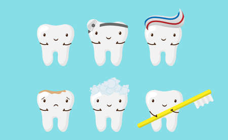 Happy teeth set. Dental collection for your design. Vector cartoons. Illustrations for children...