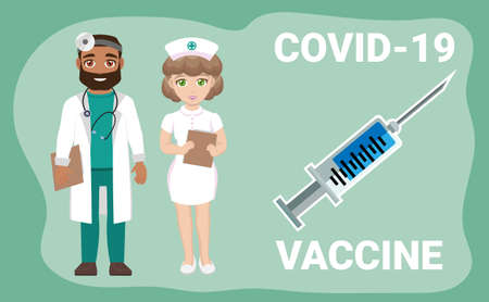 STOP COVID-19,2019-nCoV, Novel coronavirus poster concept: a man and woman doctor and vaccine syringe tubeのイラスト素材